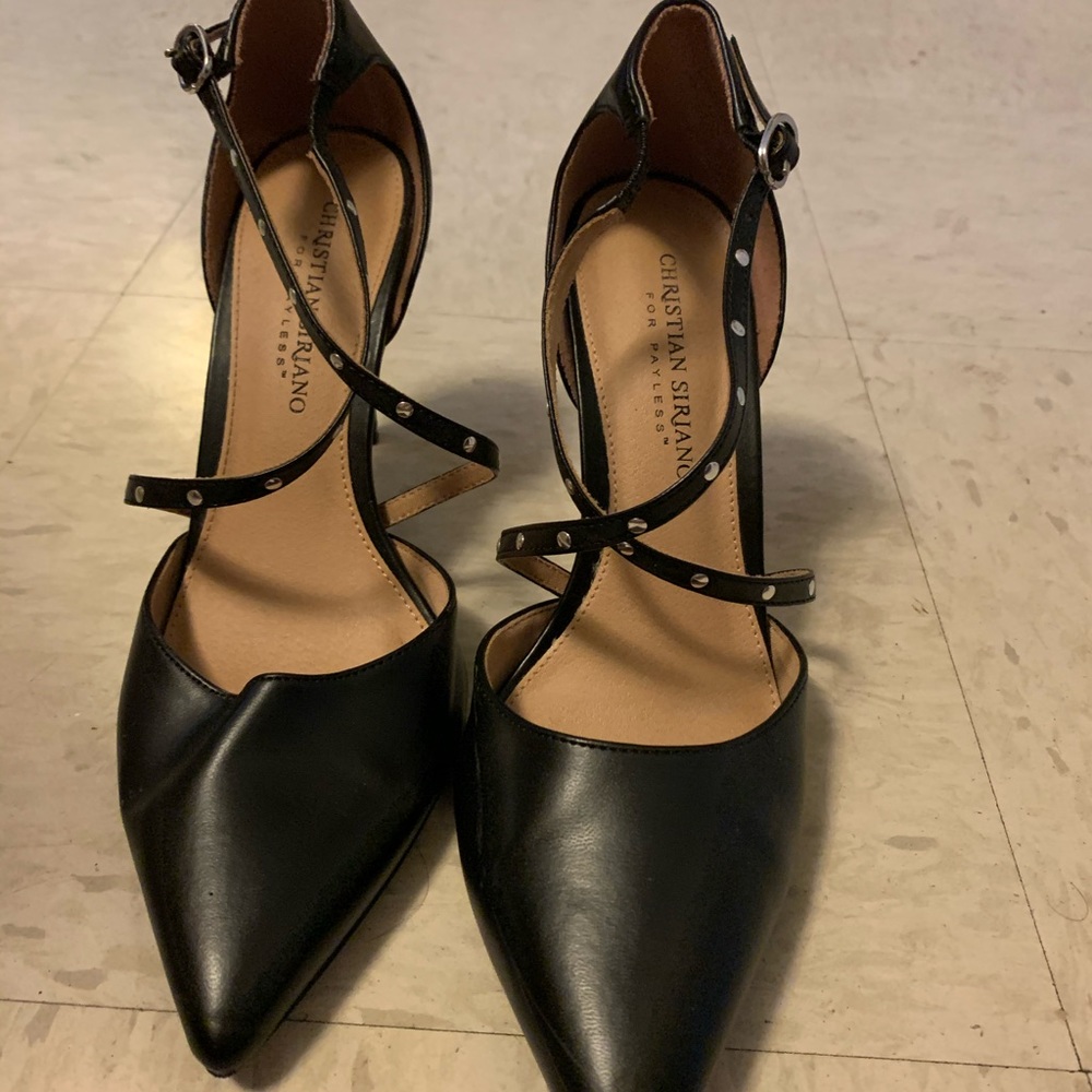 Black high heel closed toe wrap around the ankle